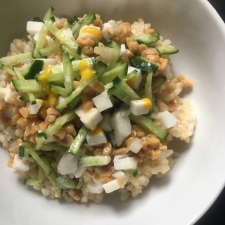 はんぺん、きゅうり、ひきわり納豆の玄米納豆丼